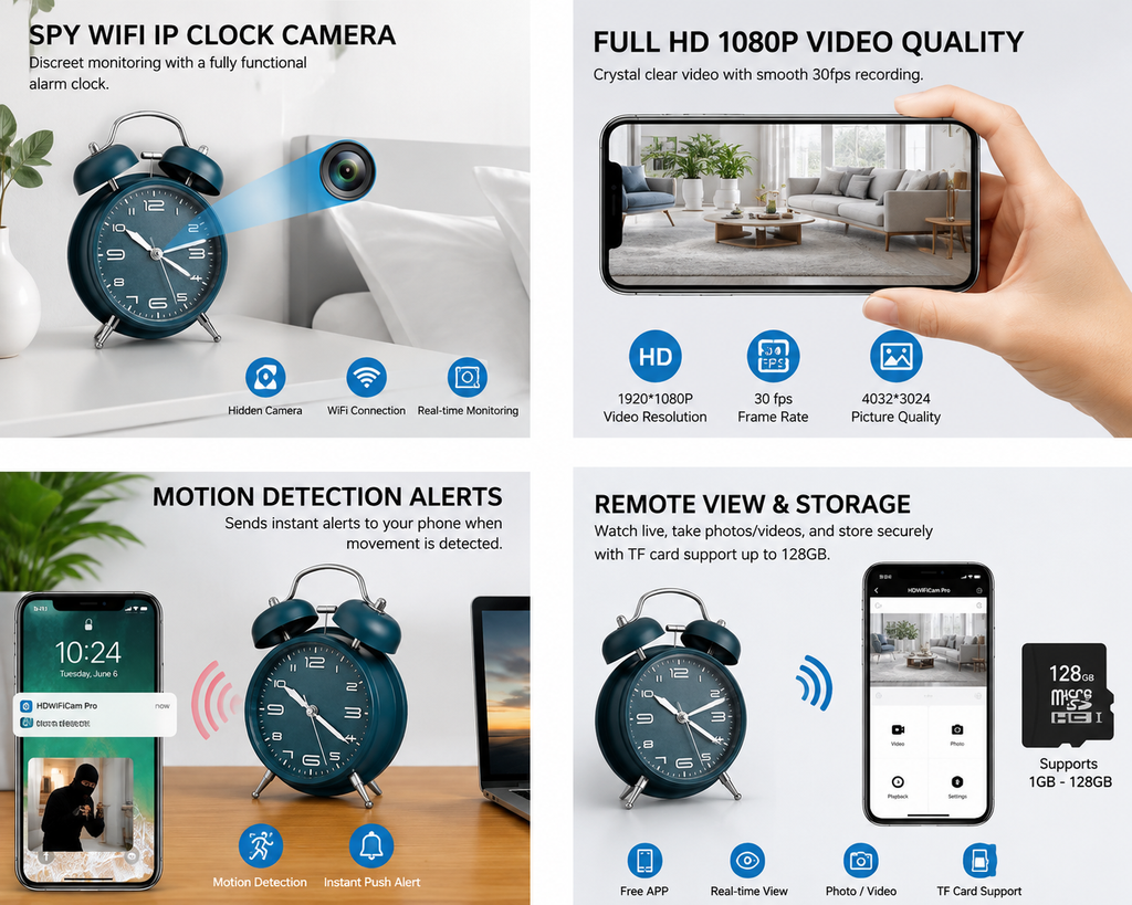 WiFi Security Camera Alarm Clock – Full HD 1080P Remote Monitoring Camera
