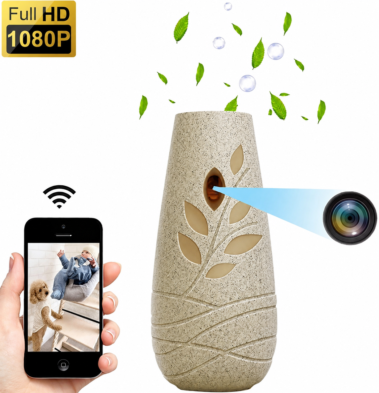 Wi‑Fi 1080p Aroma Diffuser Camera with Motion Detection