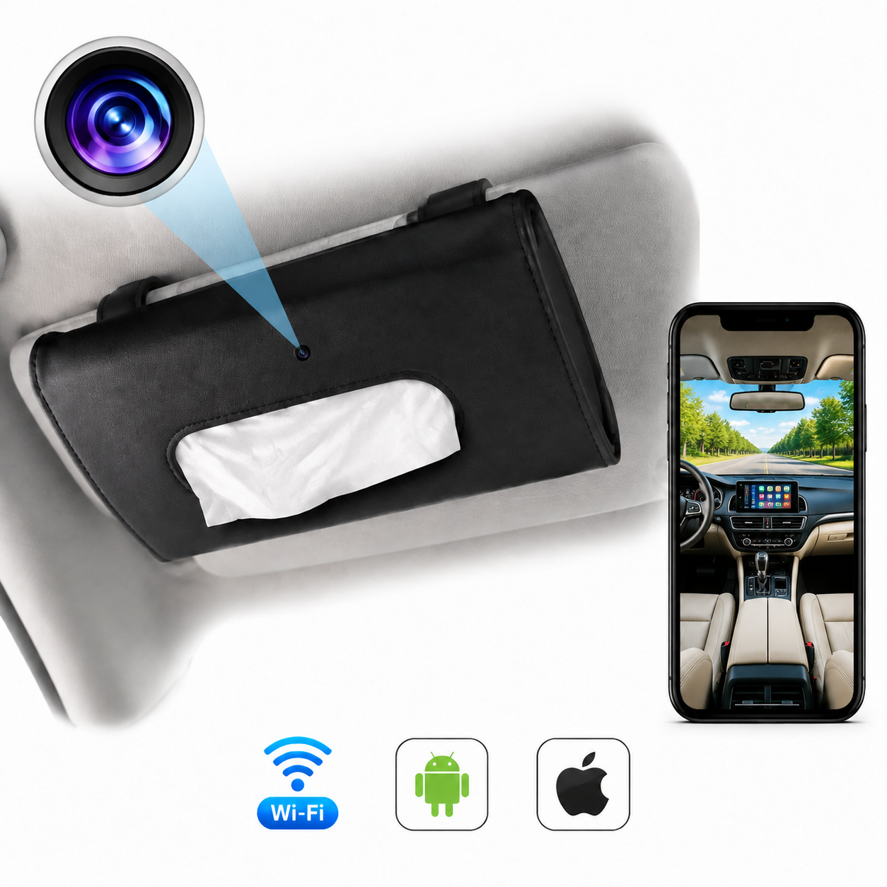 Wi‑Fi 1080p Vehicle Interior Tissue Box with Security Camera and Motion Detection
