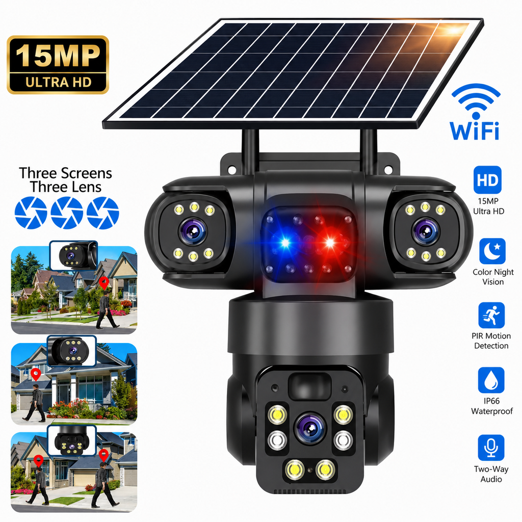 15MP WiFi Solar Security Camera – 360° PTZ, Night Vision, Motion Tracking & Two-Way Audio