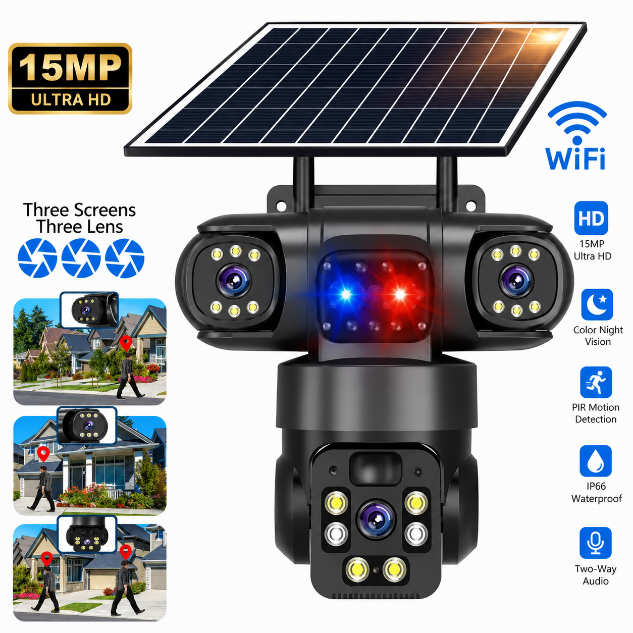 15MP WiFi Solar Security Camera – 360° PTZ, Night Vision, Motion Tracking & Two-Way Audio