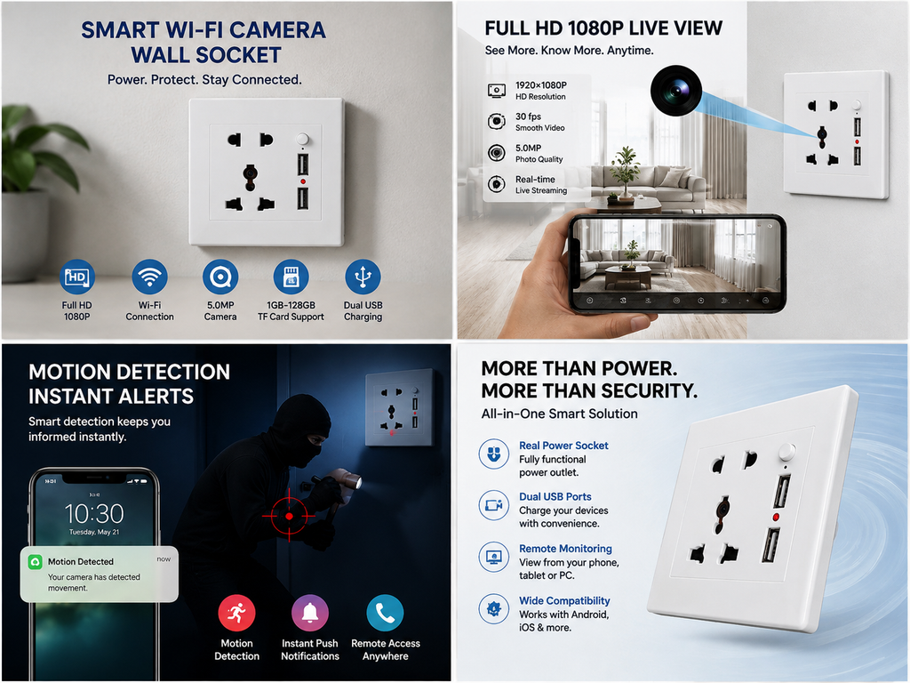 WiFi Security Camera Wall Socket & Switch – Full HD 1080P Remote Monitoring