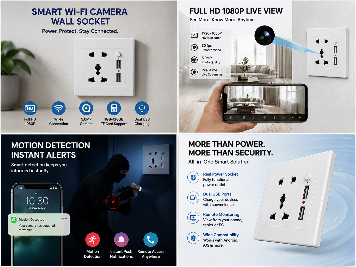 WiFi Security Camera Wall Socket & Switch – Full HD 1080P Remote Monitoring
