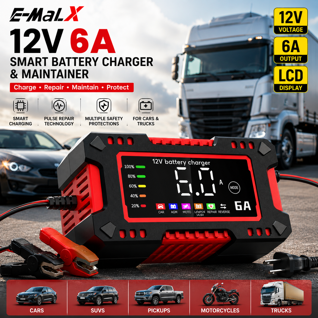 12V 6A Smart Car Battery Jump starter - Charger & Maintainer | Automatic Pulse Repair Charger for Cars & Motorcycles