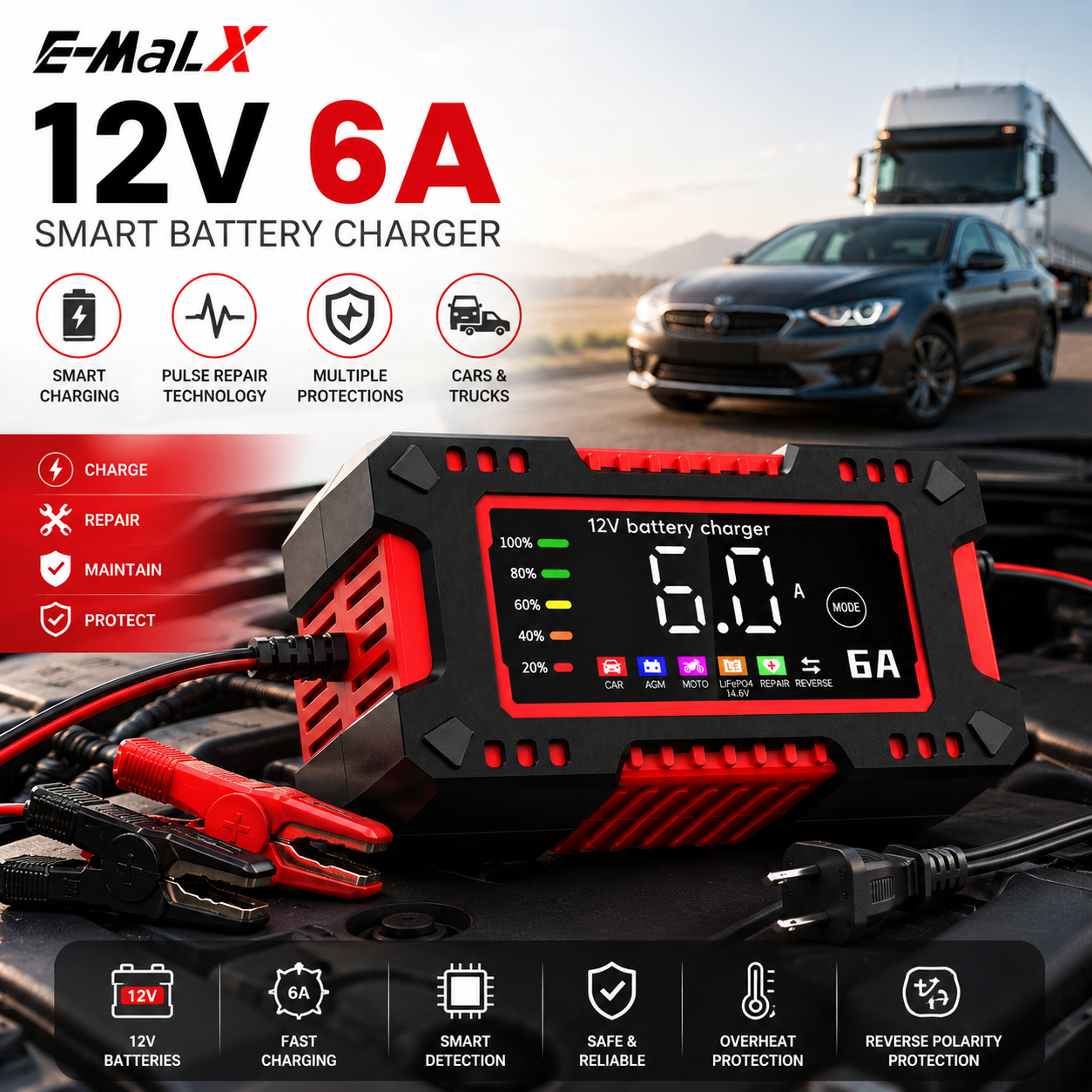 12V 6A Smart Car Battery Jump starter - Charger & Maintainer | Automatic Pulse Repair Charger for Cars & Motorcycles