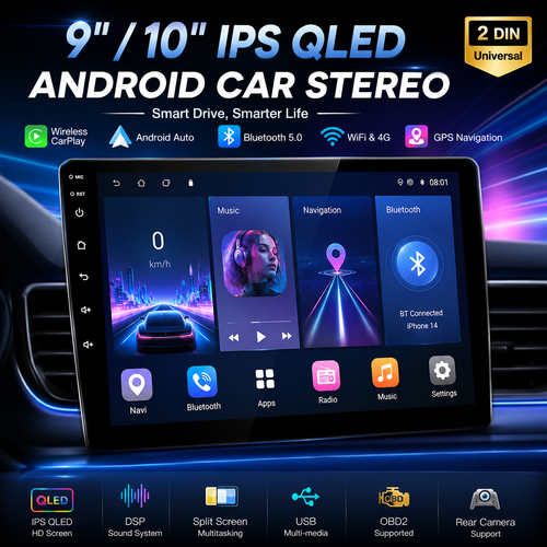 9/10 Inch Android Car Stereo with Wireless Apple CarPlay & Android Auto – IPS QLED Touchscreen GPS Navigation, Bluetooth, WiFi & 4G Double DIN Multimedia Player