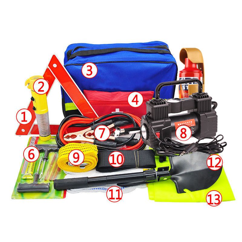 11-in-1 Car Emergency Roadside Assistance Kit – Portable Auto Safety Tool Set with Air Compressor, First Aid Kit, Tow Rope & Warning Triangle