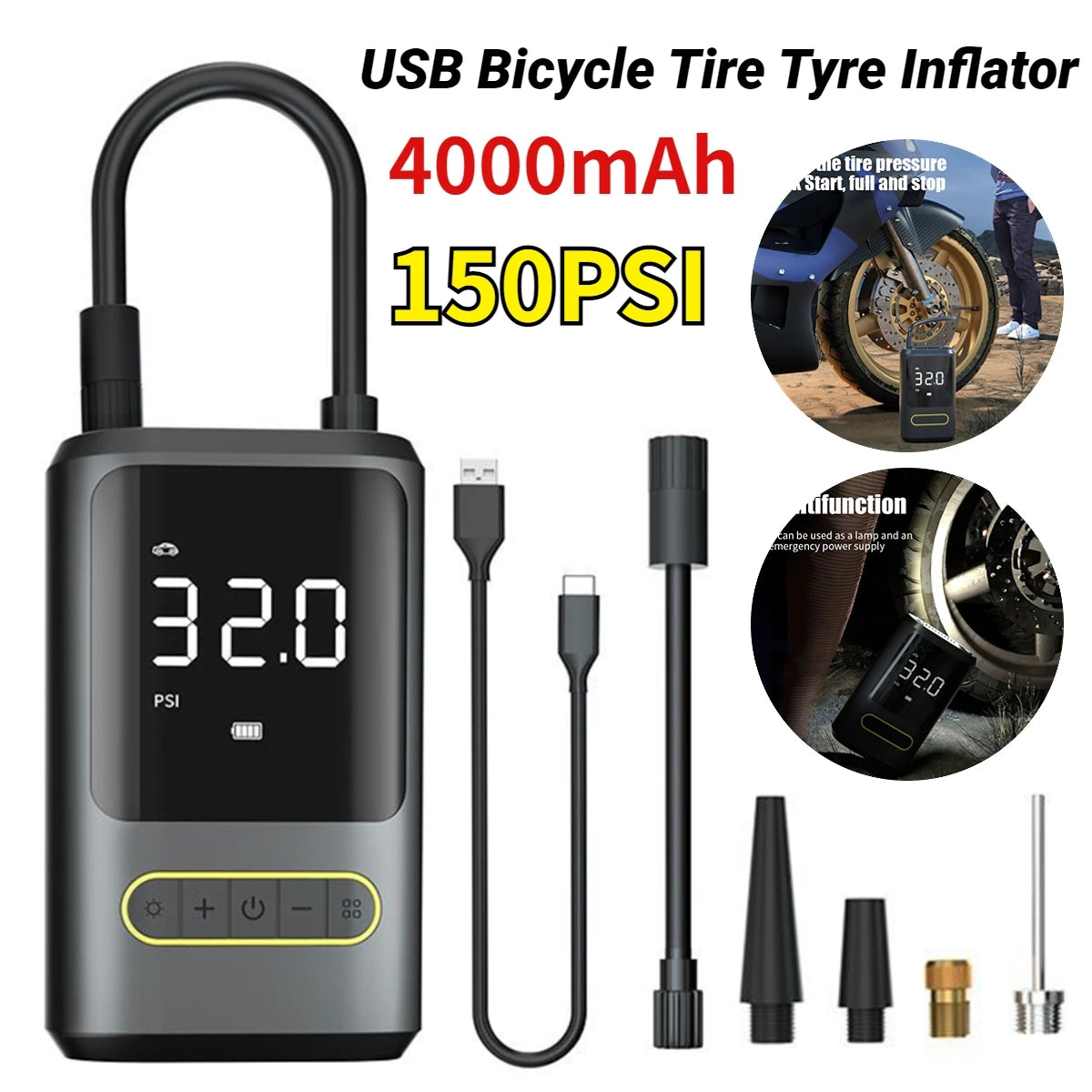 ATJ-8466 Portable Tyre Inflator – 150PSI Cordless Car Air Compressor with LED & Power Bank