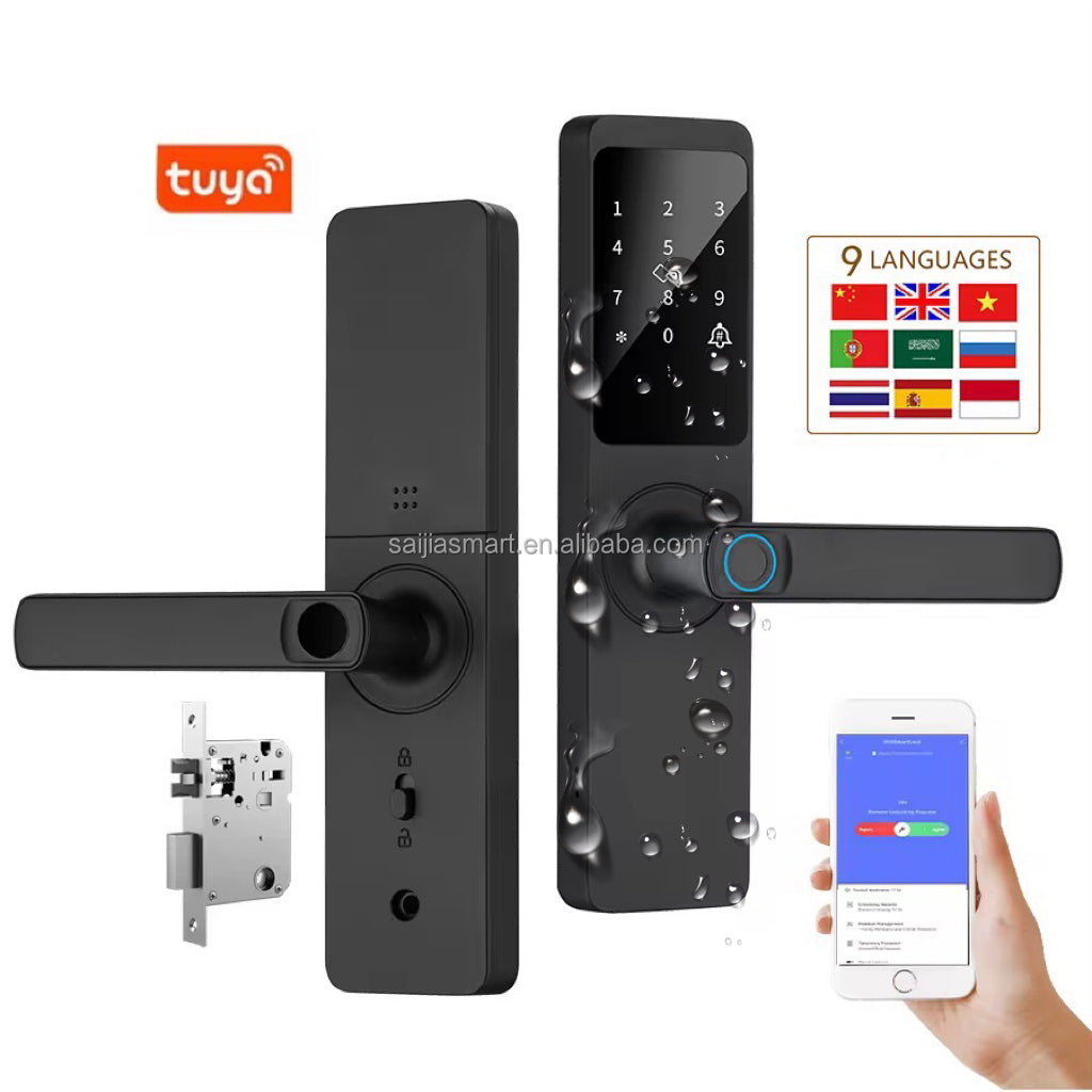 Z23 Tuya Smart Door Lock with fingerprint, password, RFID card, key and app access. WiFi-enabled digital lock for wood, steel and aluminium doors.