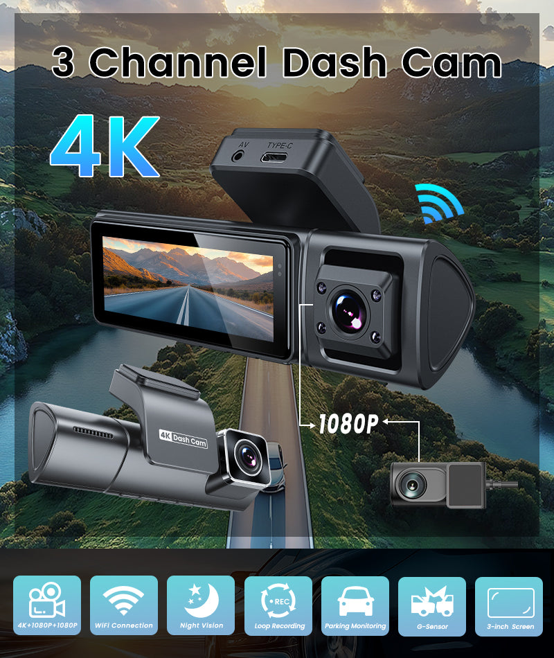 4K 3-Channel Dash Cam with WiFi & GPS – Front, Rear & Interior Car Camera