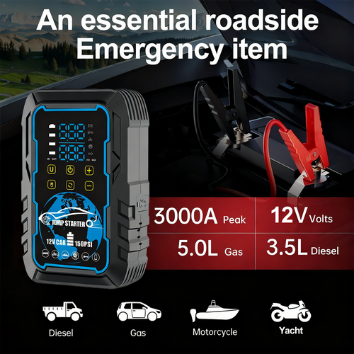 5-in-1 Portable 3000A Car Jump Starter with Air Compressor, Power Bank & Dual Digital Pressure Display | 12V Battery Booster Pack