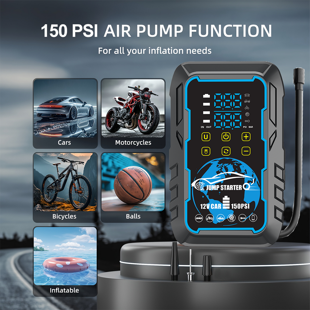 5-in-1 Portable 3000A Car Jump Starter with Air Compressor, Power Bank & Dual Digital Pressure Display | 12V Battery Booster Pack