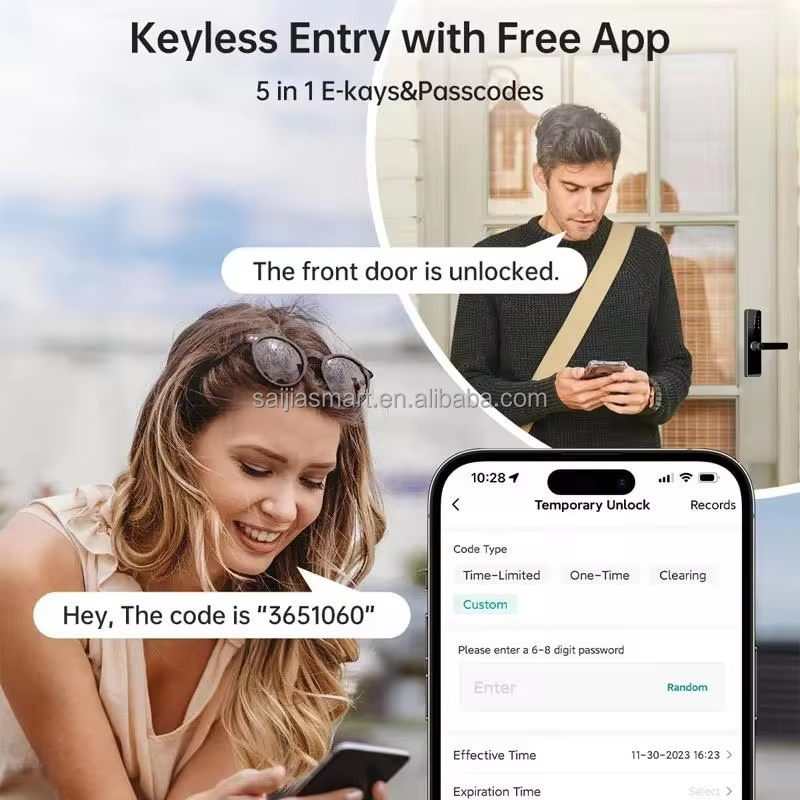 Z23 Tuya Smart Door Lock with fingerprint, password, RFID card, key and app access. WiFi-enabled digital lock for wood, steel and aluminium doors.