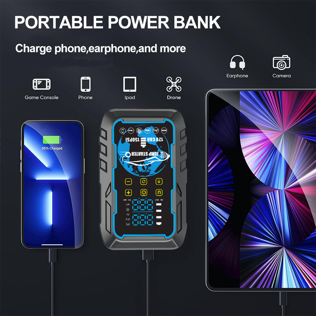 5-in-1 Portable 3000A Car Jump Starter with Air Compressor, Power Bank & Dual Digital Pressure Display | 12V Battery Booster Pack