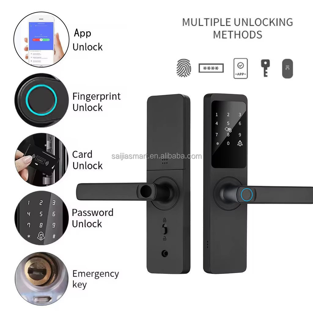 Z23 Tuya Smart Door Lock with fingerprint, password, RFID card, key and app access. WiFi-enabled digital lock for wood, steel and aluminium doors.