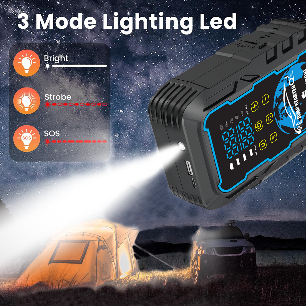 5-in-1 Portable 3000A Car Jump Starter with Air Compressor, Power Bank & Dual Digital Pressure Display | 12V Battery Booster Pack