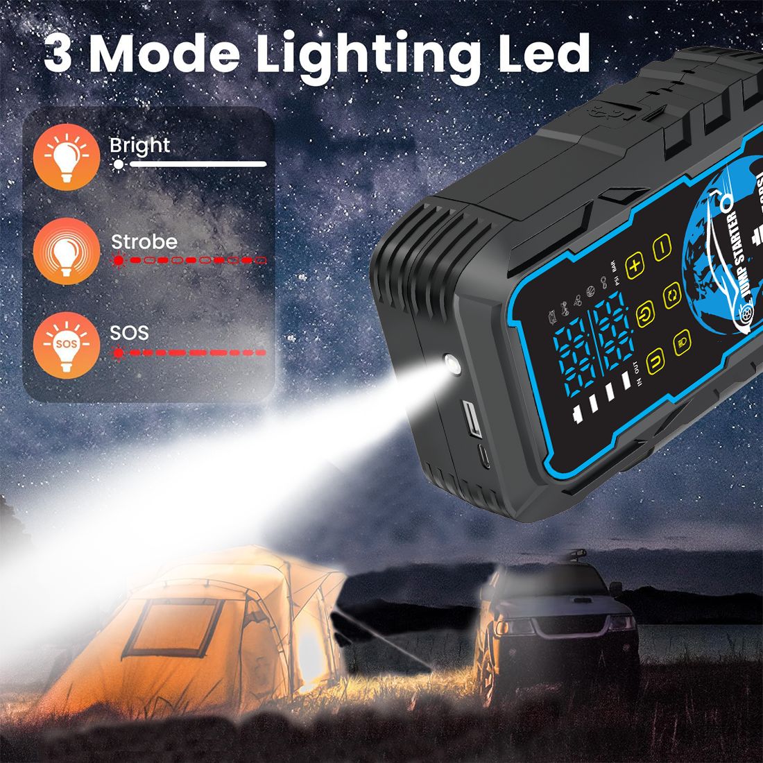 5-in-1 Portable 3000A Car Jump Starter with Air Compressor, Power Bank & Dual Digital Pressure Display | 12V Battery Booster Pack
