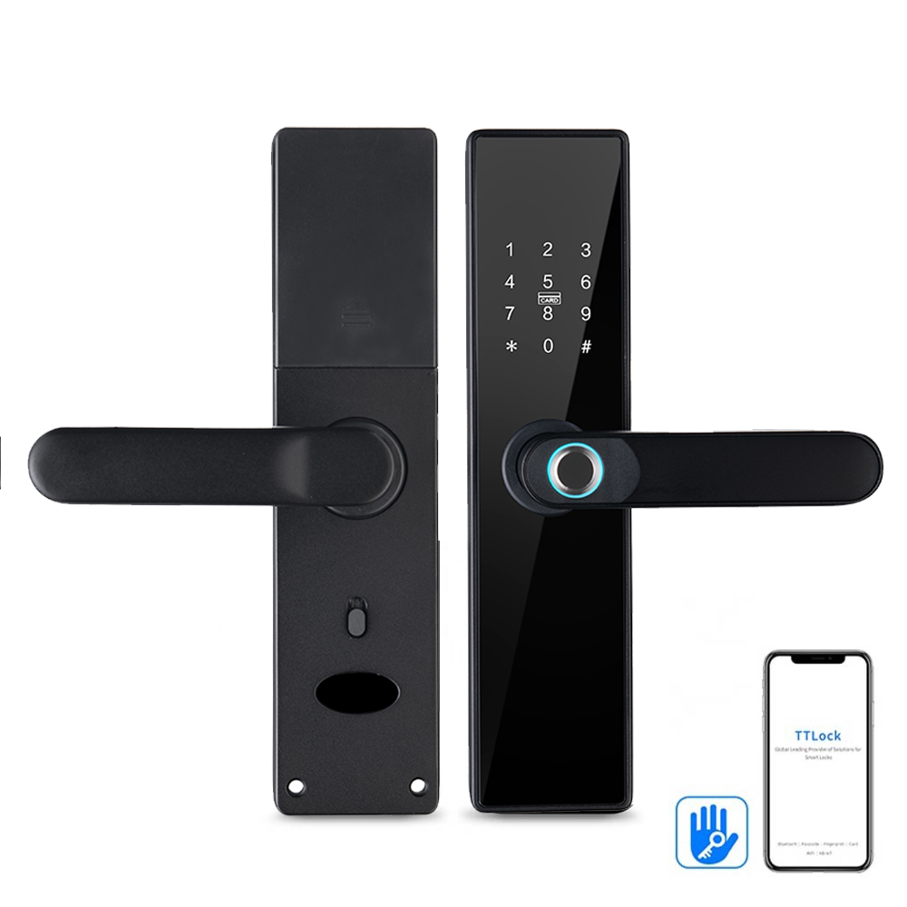 Z23 Tuya Smart Door Lock with fingerprint, password, RFID card, key and app access. WiFi-enabled digital lock for wood, steel and aluminium doors.