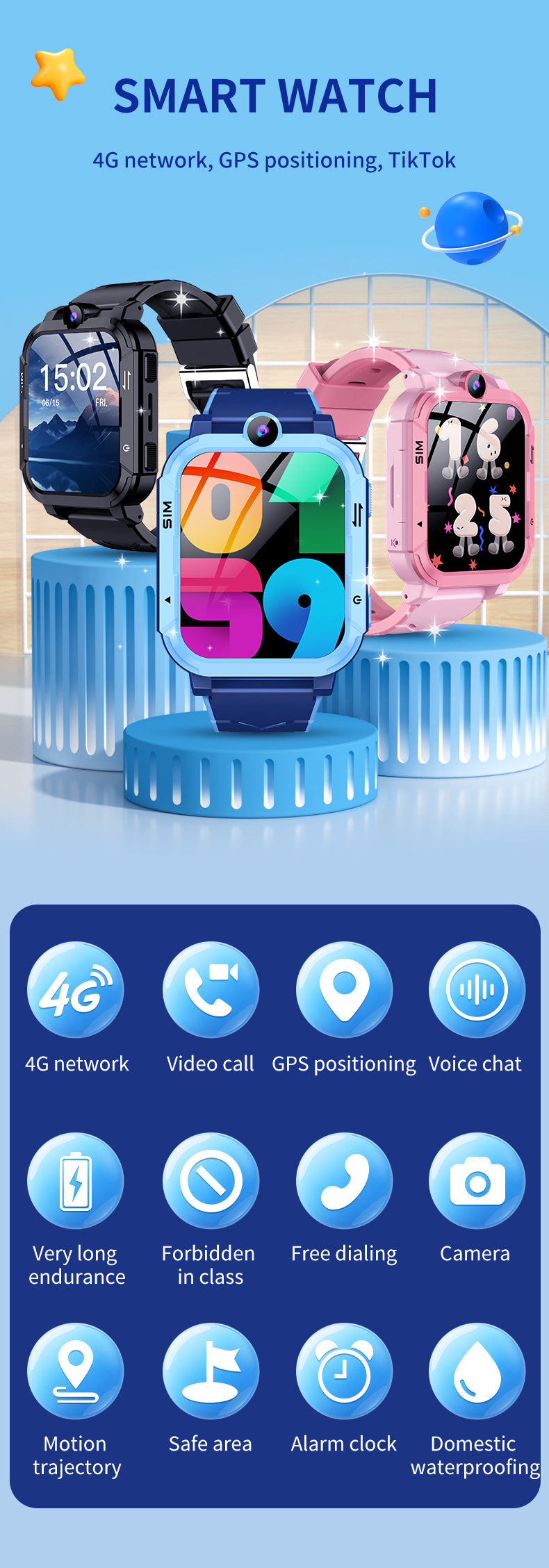 Kids 4G GPS Smart Watch with SIM Card, SOS, Video Call & Location Tracking