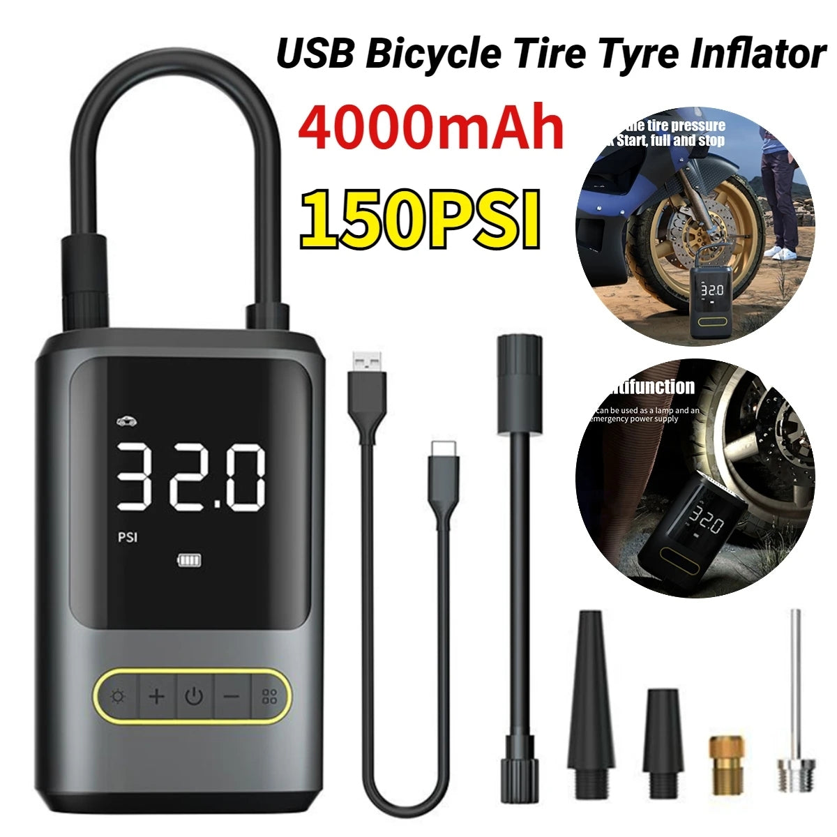 ATJ-8466 Portable Tyre Inflator – 150PSI Cordless Car Air Compressor with LED & Power Bank