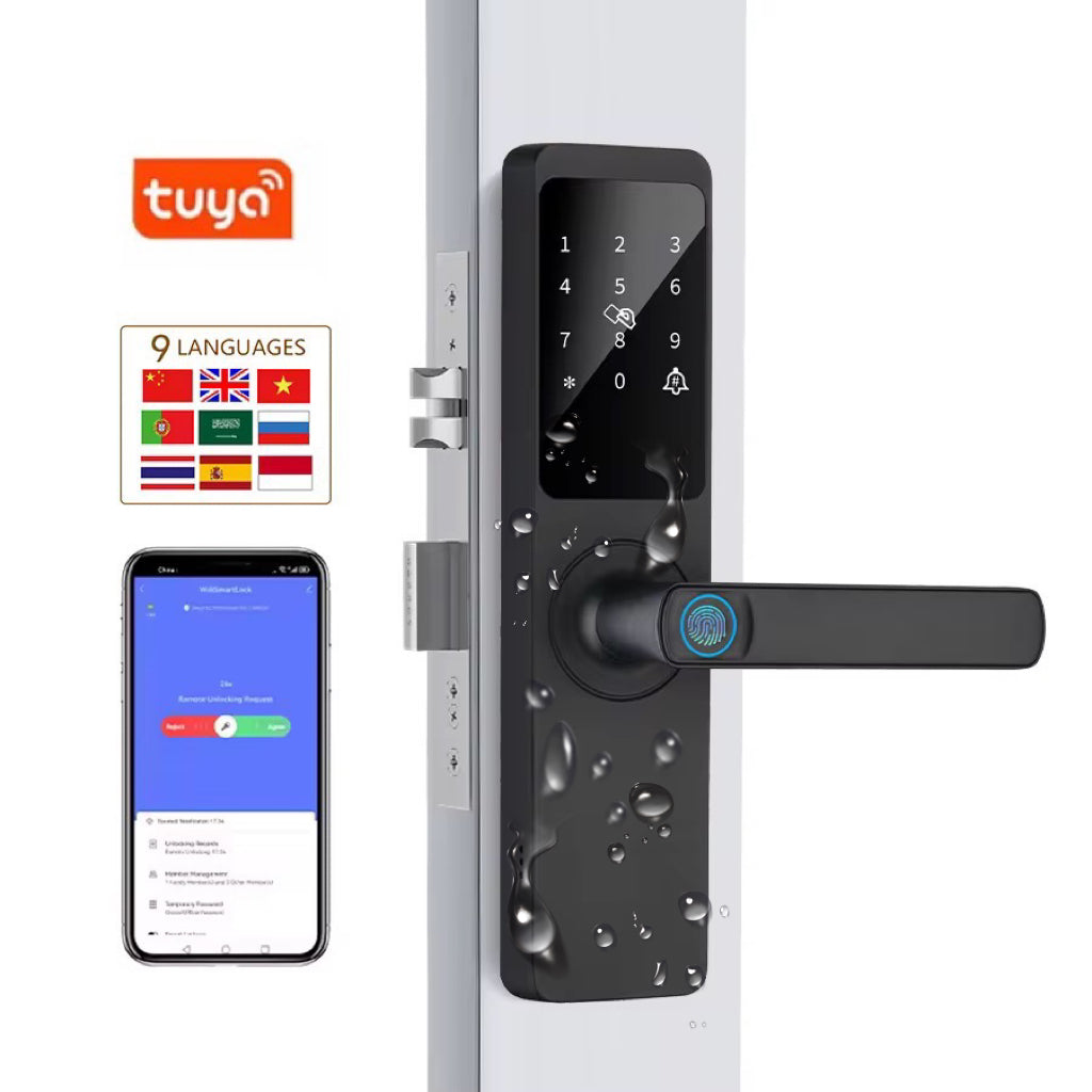 Z23 Tuya Smart Door Lock with fingerprint, password, RFID card, key and app access. WiFi-enabled digital lock for wood, steel and aluminium doors.