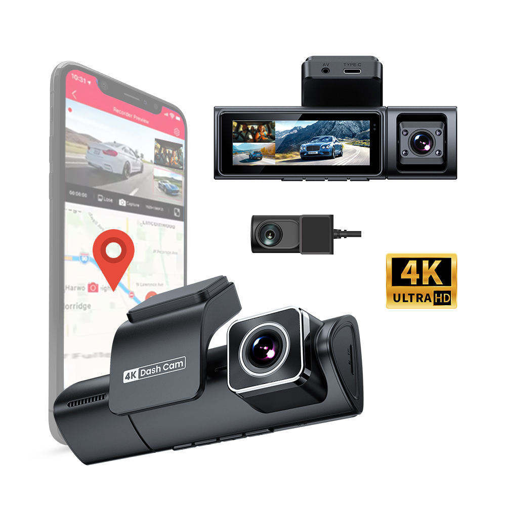 4K 3-Channel Dash Cam with WiFi & GPS – Front, Rear & Interior Car Camera