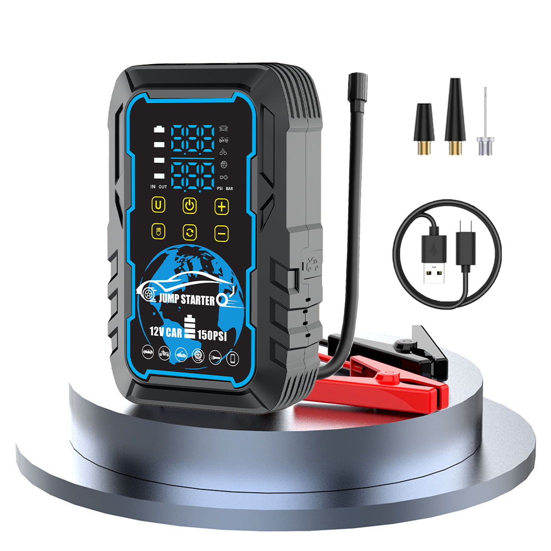 5-in-1 Portable 3000A Car Jump Starter with Air Compressor, Power Bank & Dual Digital Pressure Display | 12V Battery Booster Pack