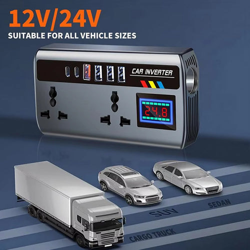 300W Car Power Inverter 12V/24V to 220V Converter with QC3.0 Fast Charging, USB-C & 3 USB Ports – Portable Automotive Charger Adapter