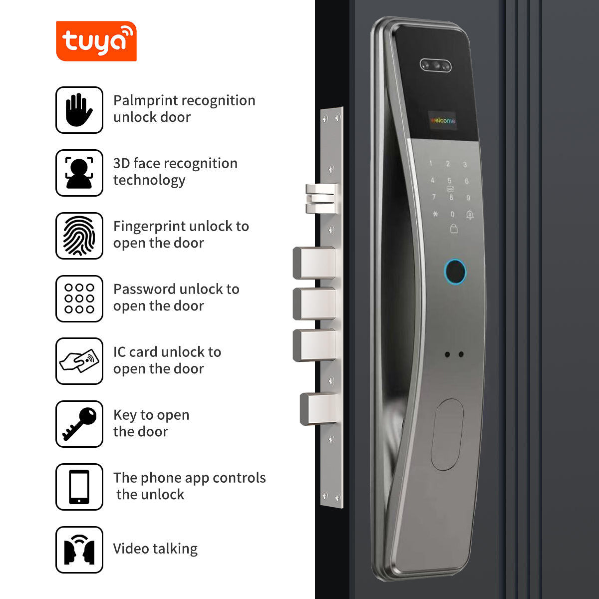 K36S-TUYA Smart Door Lock – WiFi 3D Face, Palm, Fingerprint, Password & Card