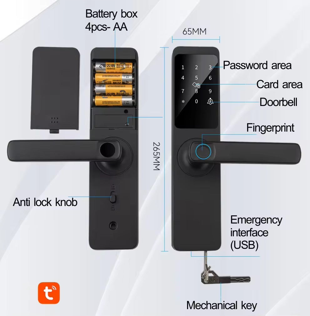 Z23 Tuya Smart Door Lock with fingerprint, password, RFID card, key and app access. WiFi-enabled digital lock for wood, steel and aluminium doors.