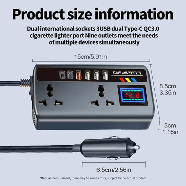 300W Car Power Inverter 12V/24V to 220V Converter with QC3.0 Fast Charging, USB-C & 3 USB Ports – Portable Automotive Charger Adapter