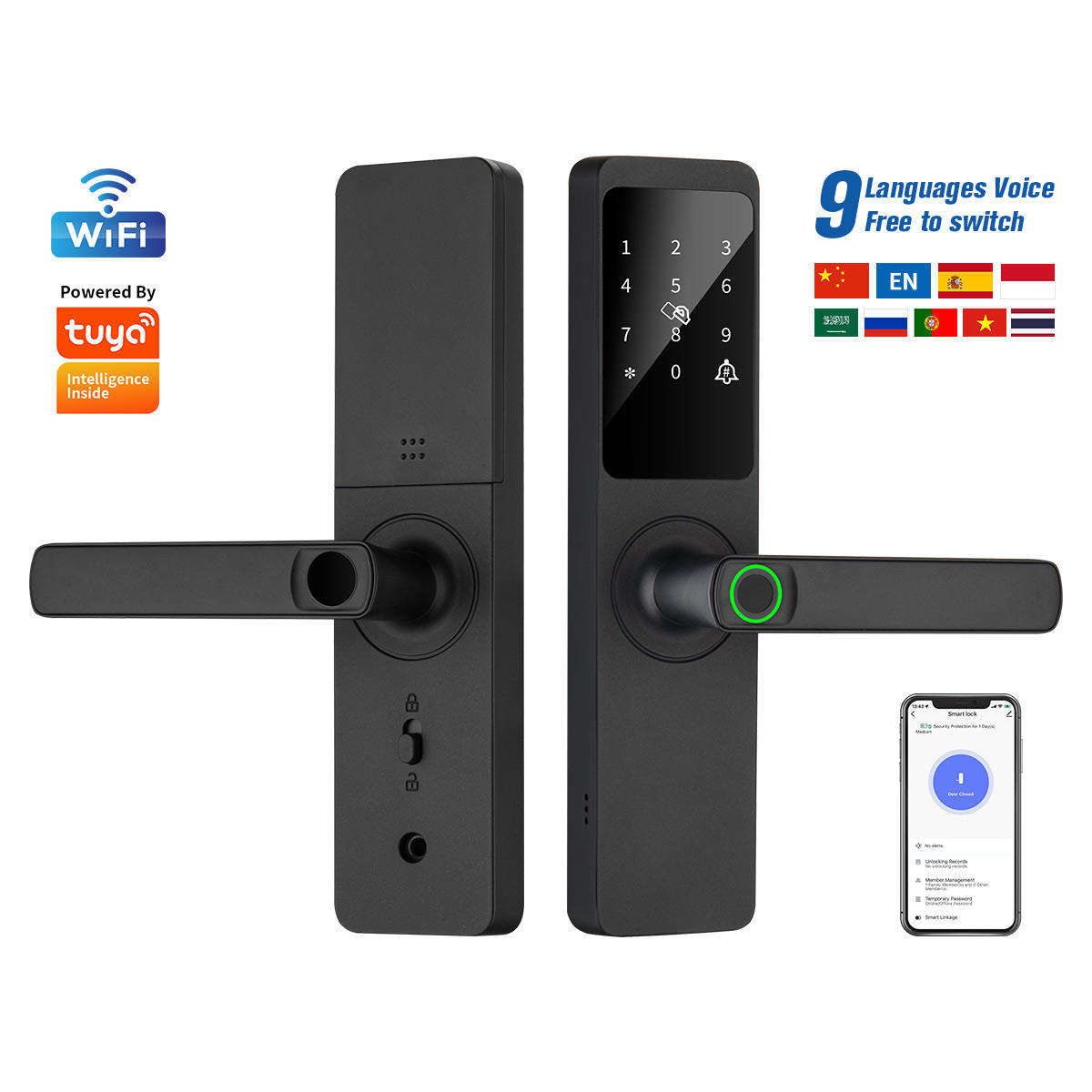 Z23 Tuya Smart Door Lock with fingerprint, password, RFID card, key and app access. WiFi-enabled digital lock for wood, steel and aluminium doors.