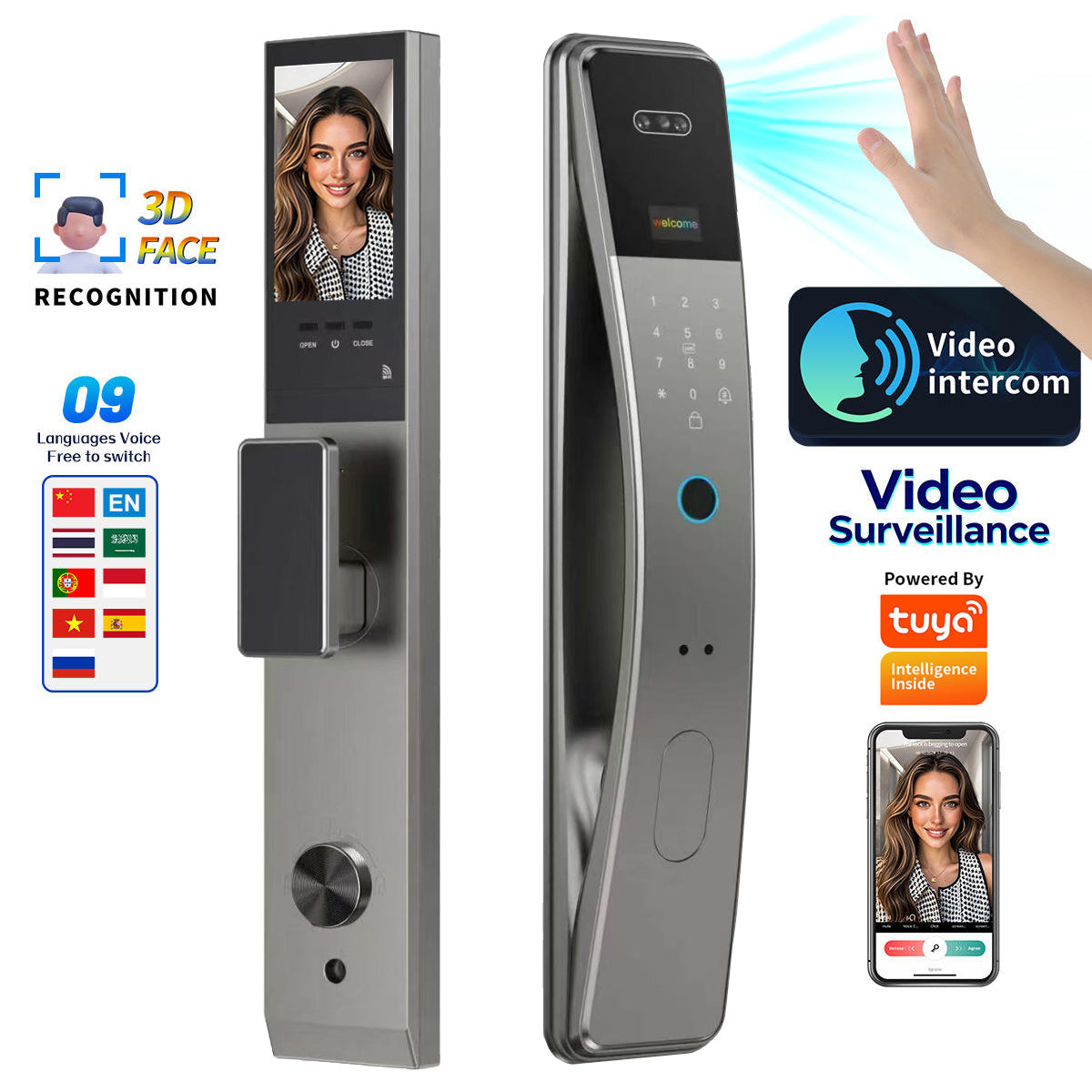 K36S-TUYA Smart Door Lock – WiFi 3D Face, Palm, Fingerprint, Password & Card