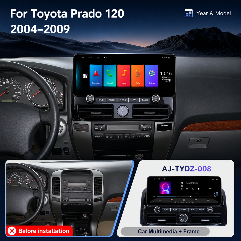 🚘 AIJIA 12.3″ Android Car Multimedia Player for Toyota Prado 2004-2009 | QLED Touchscreen, CarPlay & Android Auto