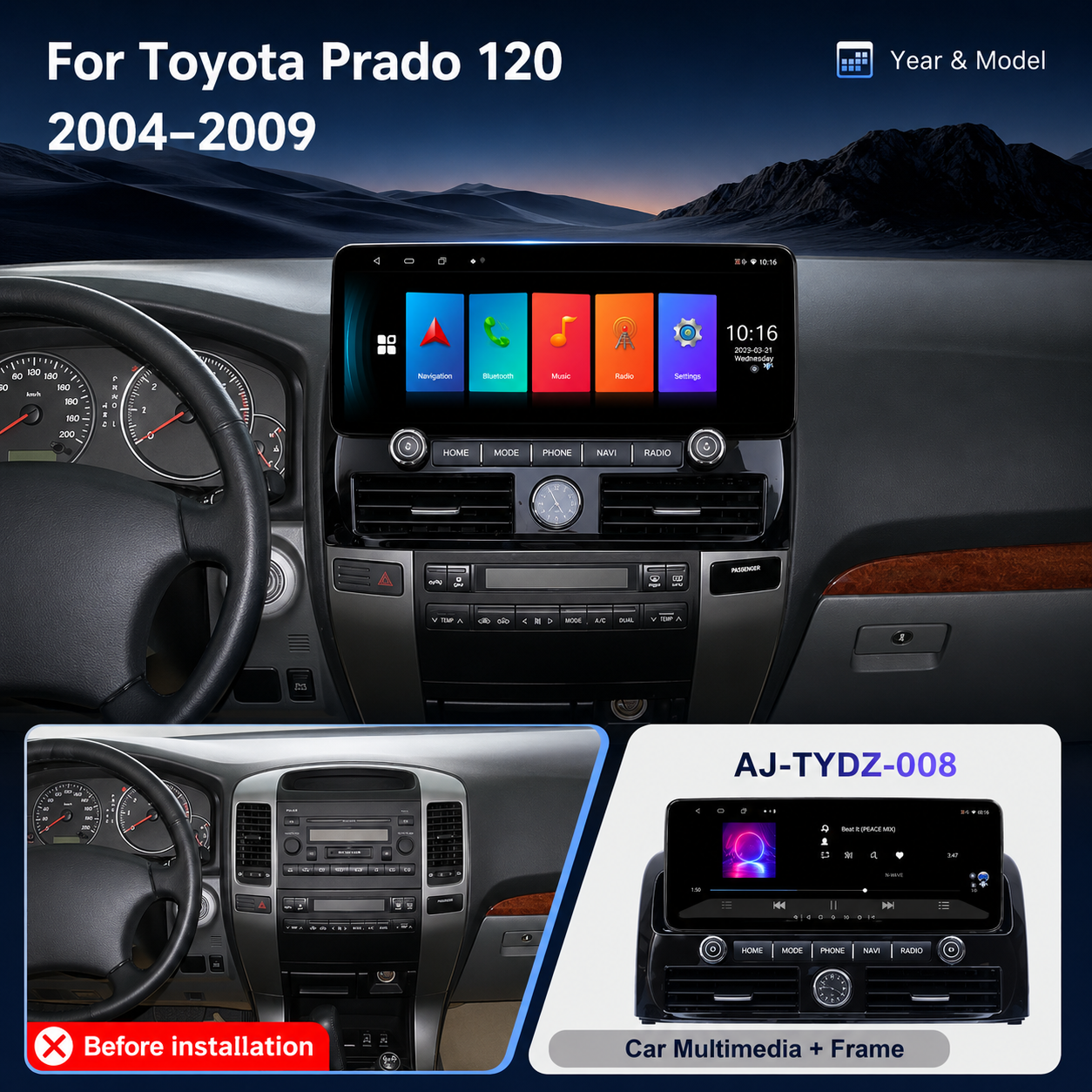 🚘 AIJIA 12.3″ Android Car Multimedia Player for Toyota Prado 2004-2009 | QLED Touchscreen, CarPlay & Android Auto