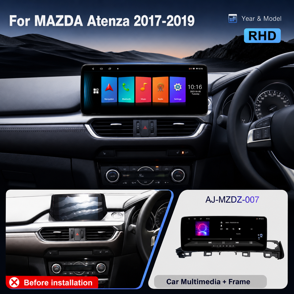 🚘 12.3″ QLED Android Car Stereo for Mazda Atenza 2017–2019 RHD | 6GB+64GB | Wireless CarPlay & Android Auto | 360° Camera