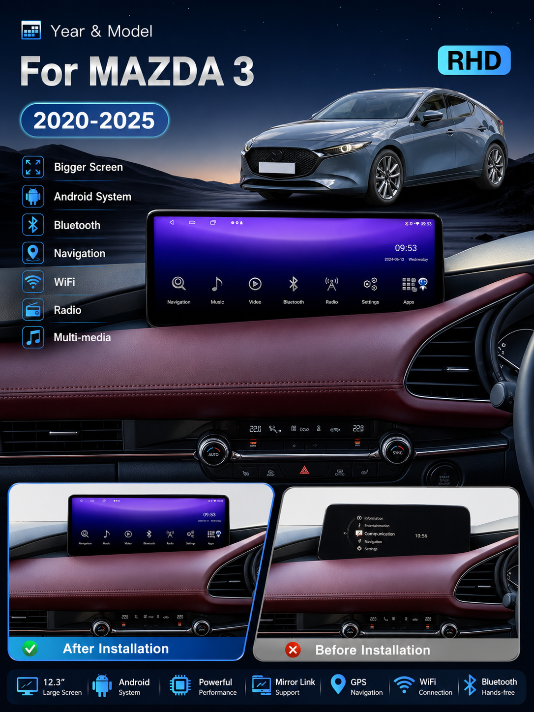 🚗 12.3″ Android Car Multimedia Player for Mazda 3 2020–2025 | CarPlay, Android Auto & GPS