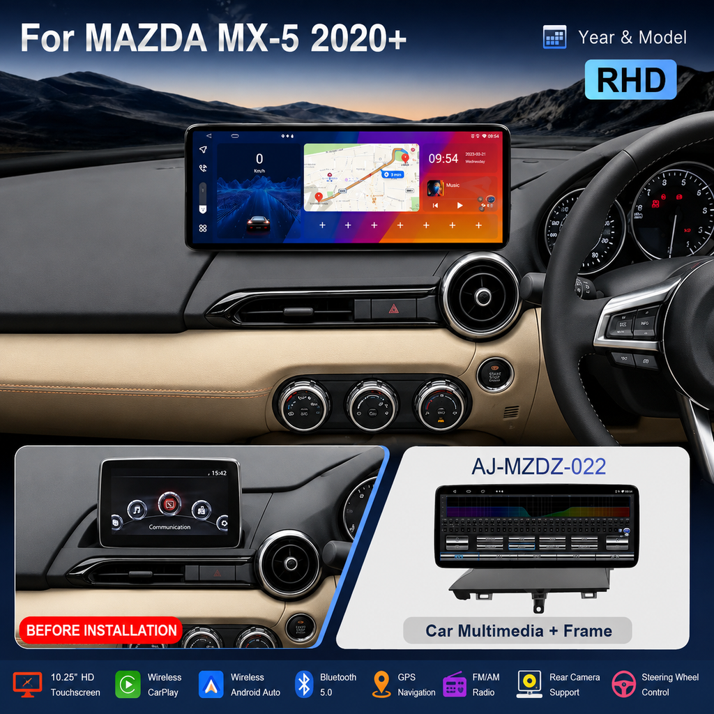 🚗 12.3″ QLED Android Car Multimedia Radio for Mazda MX-5 2020+ (RHD) | Wireless CarPlay & Android Auto | GPS, Bluetooth & Camera Support