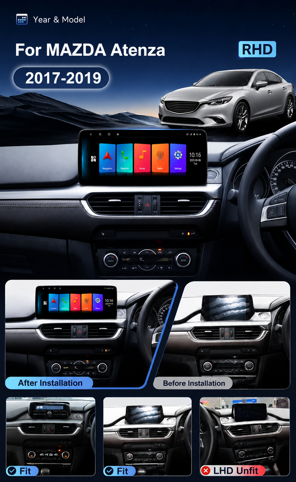 🚘 12.3″ QLED Android Car Stereo for Mazda Atenza 2017–2019 RHD | 6GB+64GB | Wireless CarPlay & Android Auto | 360° Camera
