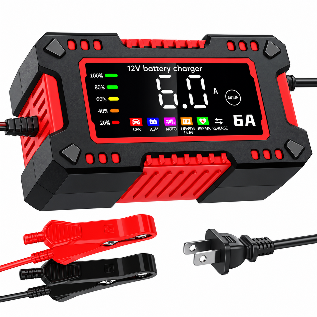 🔋 12V 6A Smart Battery Charger – Automatic Car & Motorcycle Battery Maintainer
