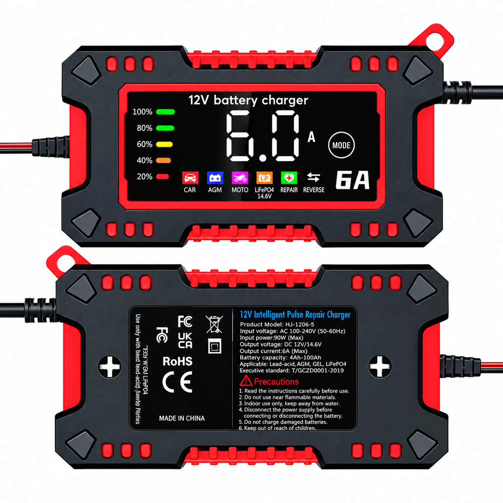 🔋 12V 6A Smart Battery Charger – Automatic Car & Motorcycle Battery Maintainer