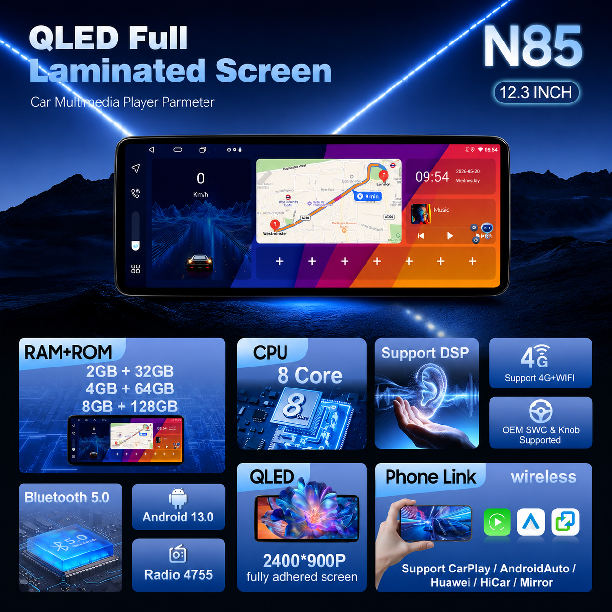 12.3-inch QLED Android multimedia system specifically designed for Mazda CX-9 2016–2020 (AJ-MZDZ-019).