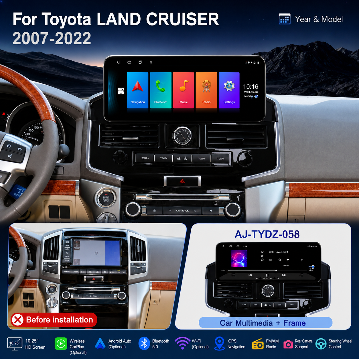🚗 12.3″ Aijia Android Car Multimedia Player for Toyota Land Cruiser 2007-2022| 📱 Wireless CarPlay & Android Auto | 🗺️ GPS | 🎵 Bluetooth | 📺 Touchscreen