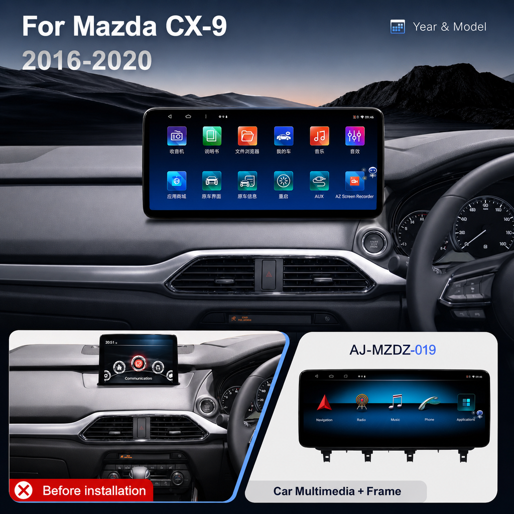 12.3-inch QLED Android multimedia system specifically designed for Mazda CX-9 2016–2020 (AJ-MZDZ-019).