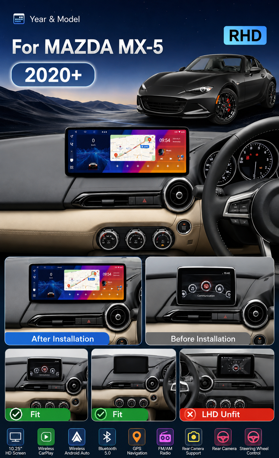 🚗 12.3″ QLED Android Car Multimedia Radio for Mazda MX-5 2020+ (RHD) | Wireless CarPlay & Android Auto | GPS, Bluetooth & Camera Support